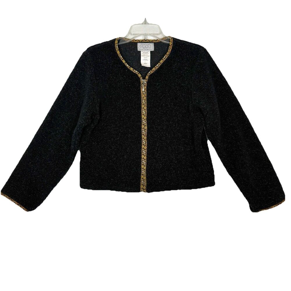 Free People Vintage Y2K Black Fleece Jacket Medium Embroidered Trim Made in USA